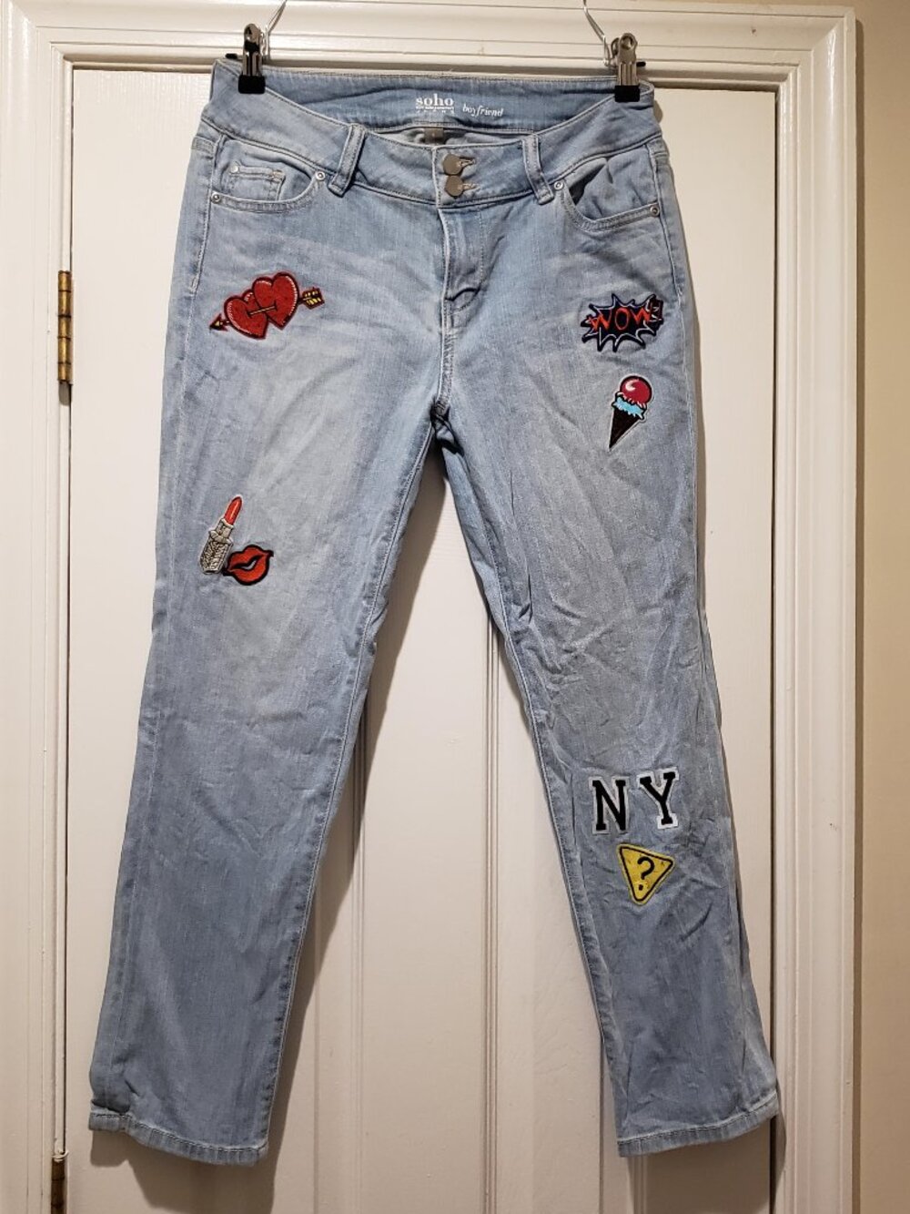 New York & Company Light Blue Boyfriend Jeans with Colorful Patches